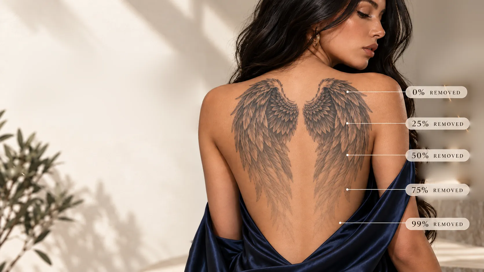 Woman's back showing a wing tattoo with 0% to 99% removal progress callouts