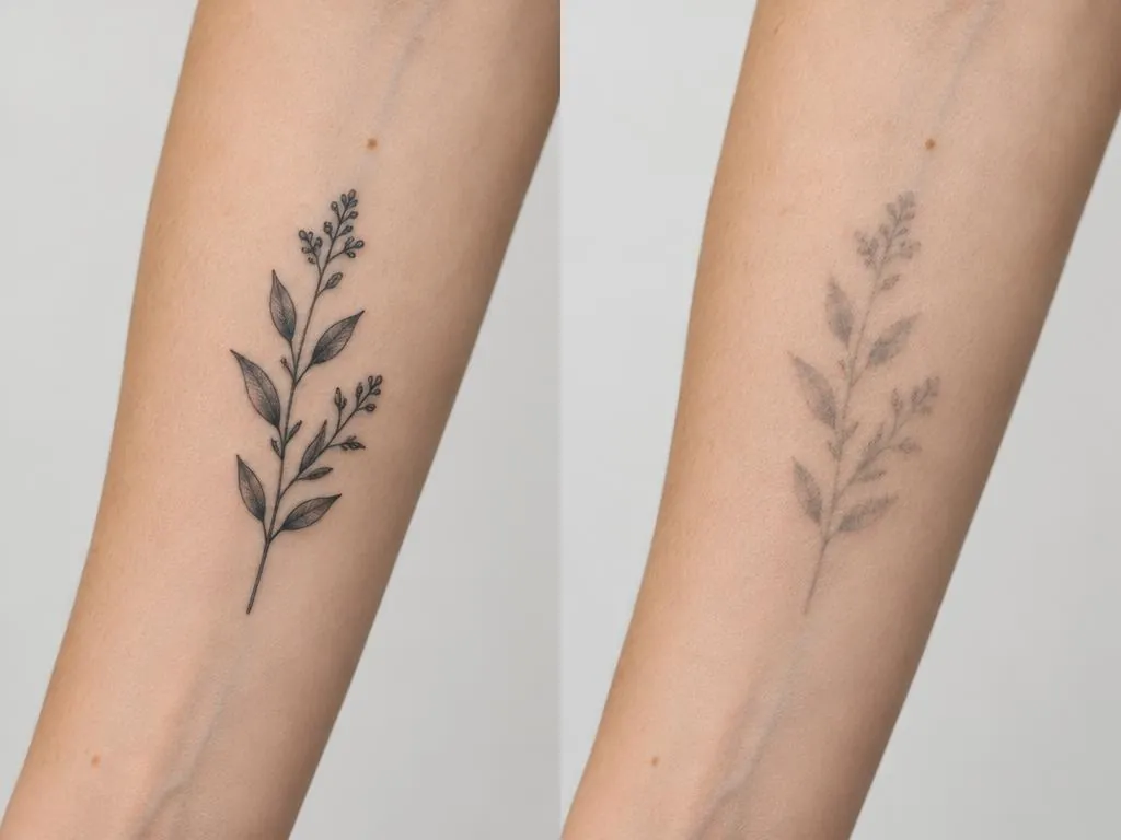 AI-generated botanical tattoo before and after fading illustration, not a real client result