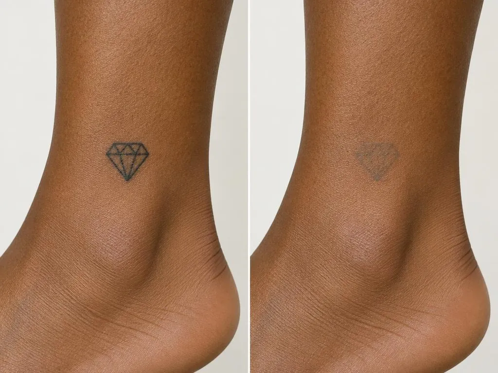 AI-generated diamond tattoo before and after fading illustration, not a real client result