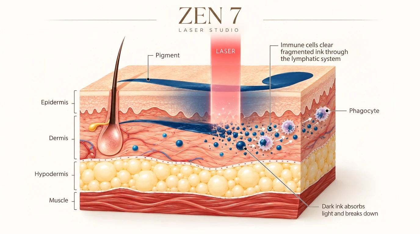 Zen 7 laser tattoo removal diagram: laser energy breaks ink into smaller particles and immune cells clear them through the lymphatic system. Skin layers include epidermis, dermis, hypodermis and muscle.